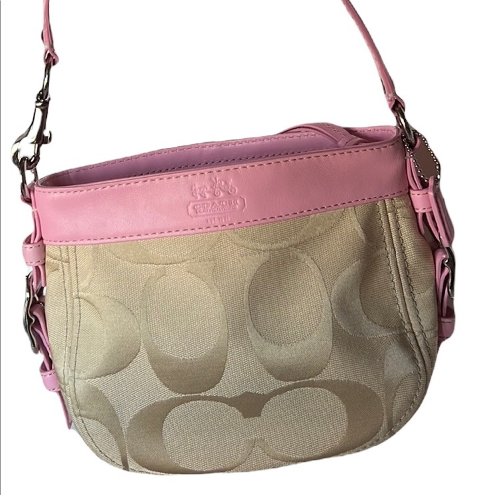 COACH SMALL KHAKI/PINK SIGNATURE ZOE HANDBAG
